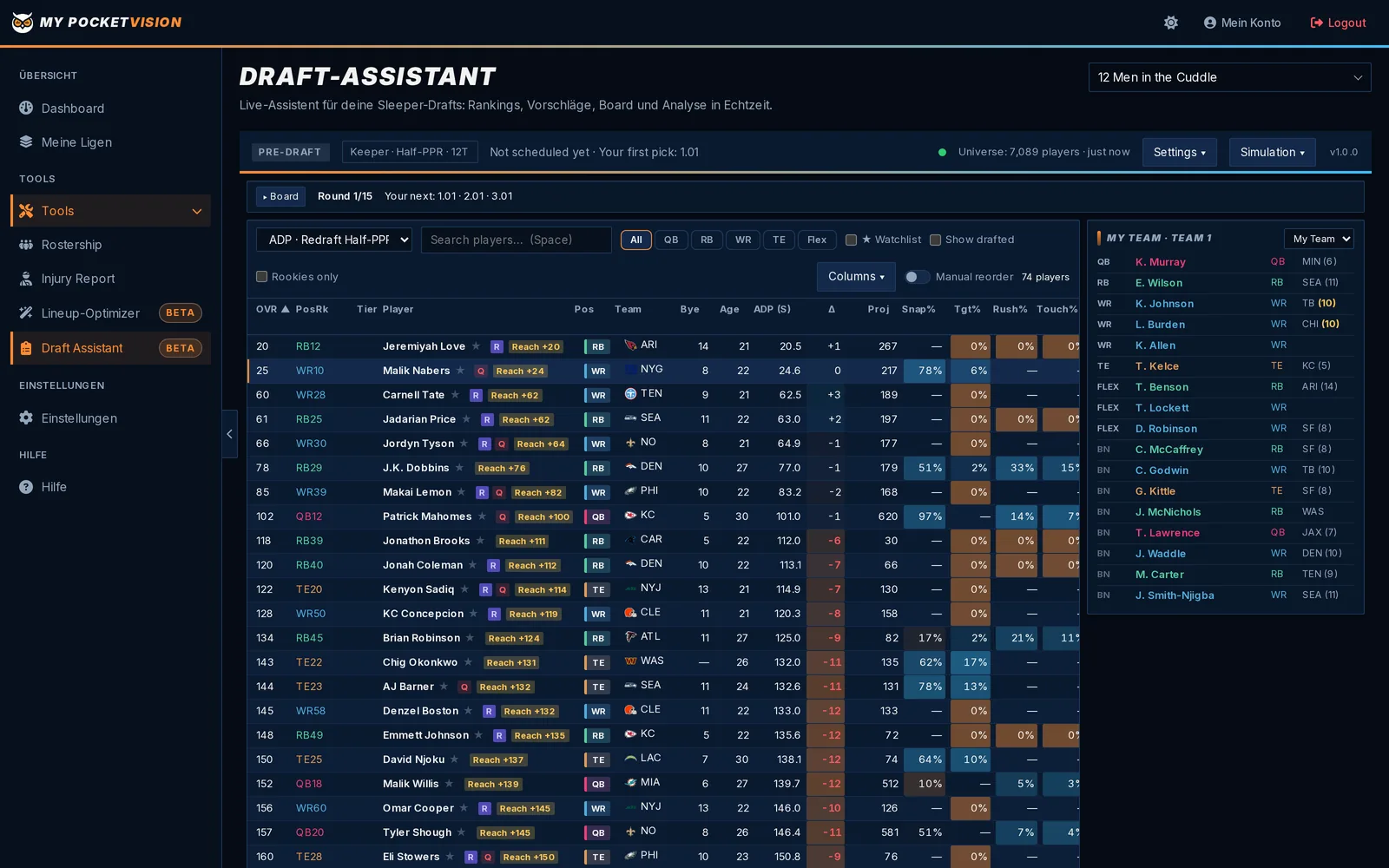 Live Draft Assistent: Board, Value-Empfehlungen und My Team in Echtzeit