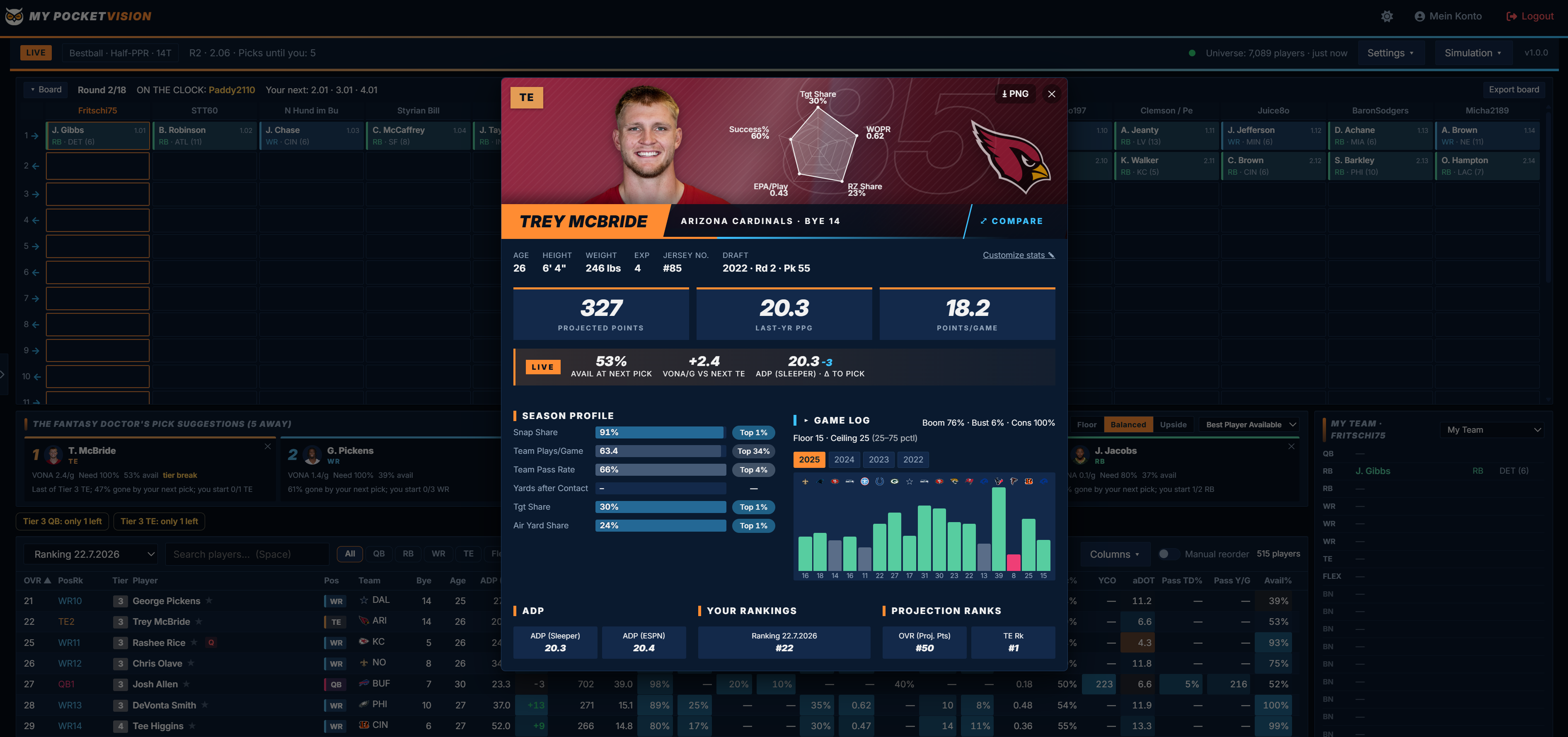 Live Draft Assistent: Board, Empfehlungen und My Team in Echtzeit