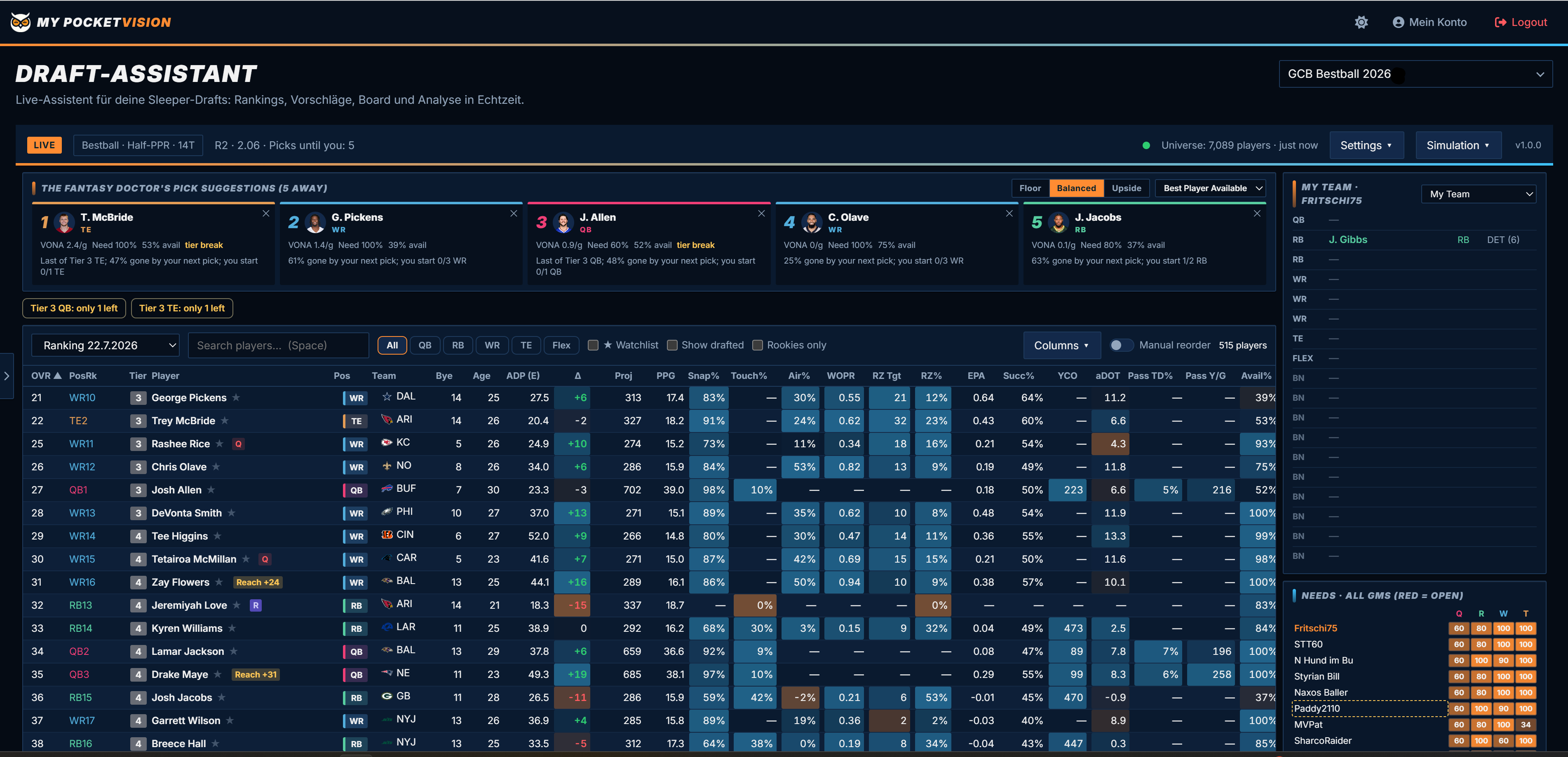Live Draft Assistent: Board, Value-Empfehlungen und My Team in Echtzeit