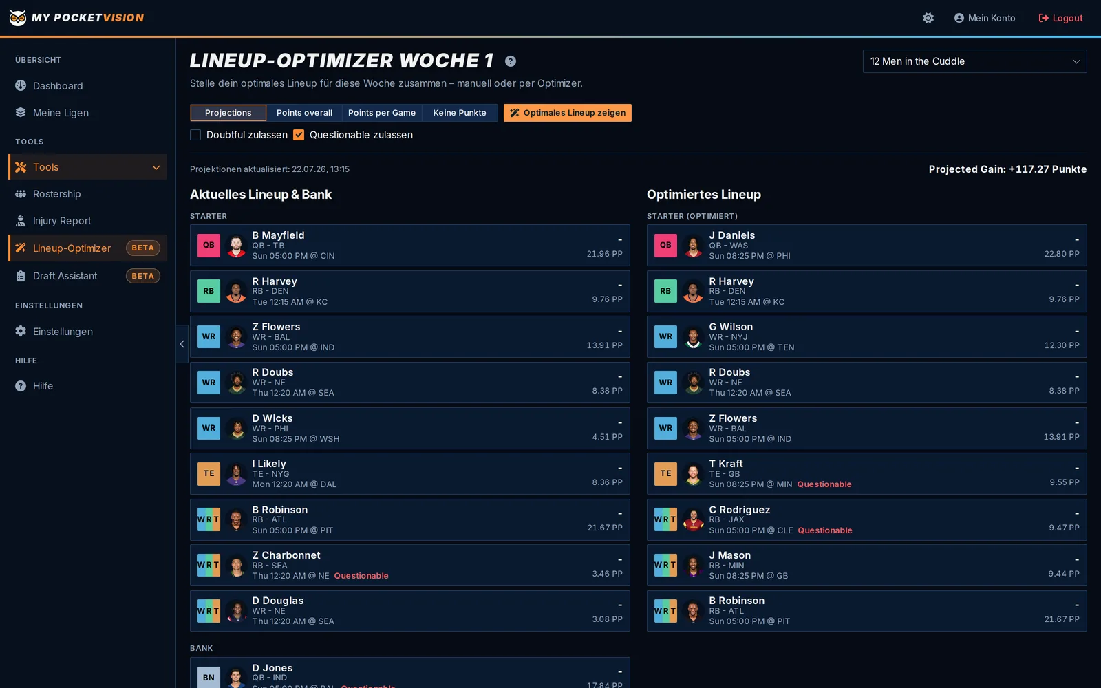 Lineup-Optimizer: aktuelles und optimiertes Lineup mit Projected Gain