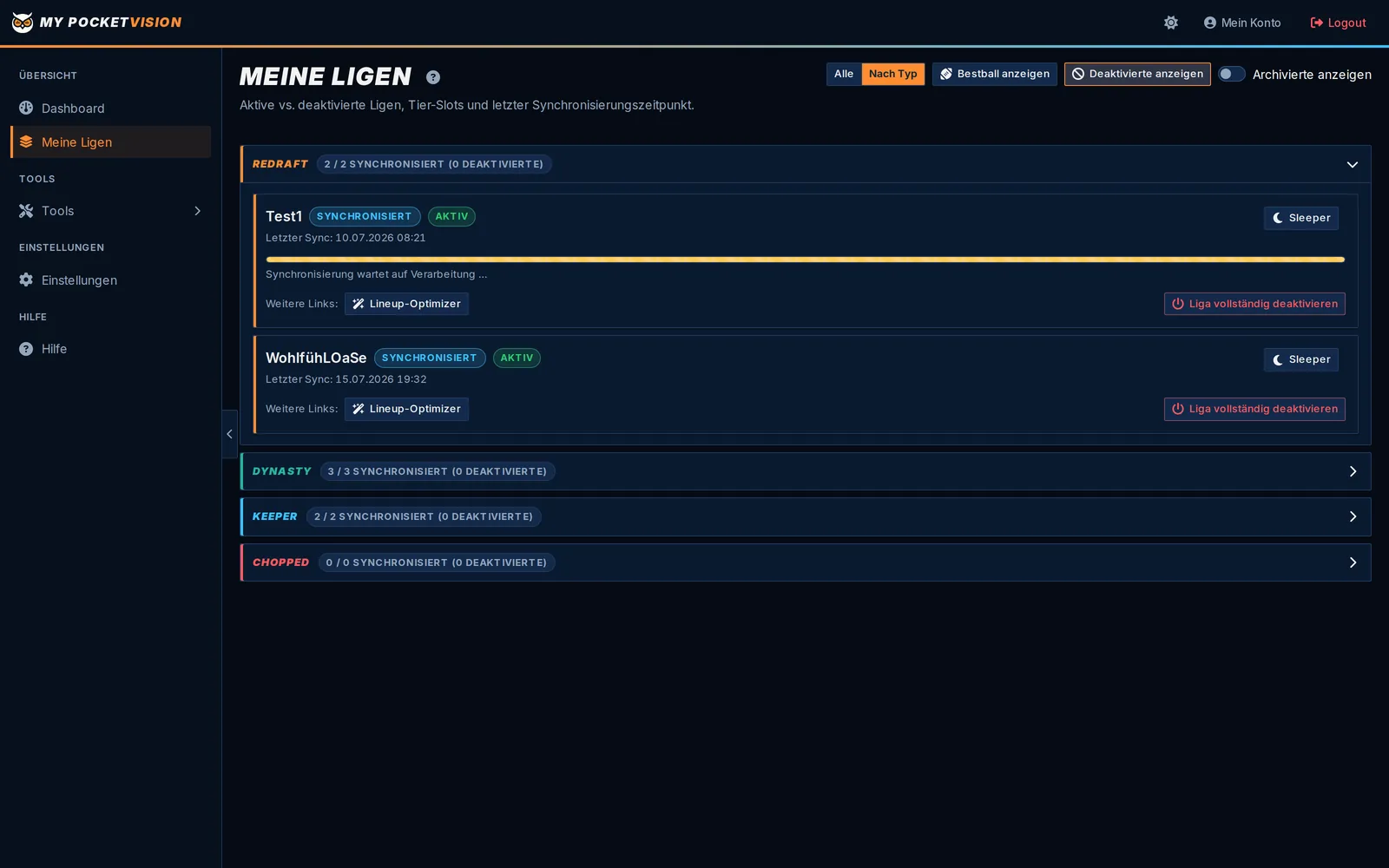 Meine Ligen: alle Sleeper-Ligen mit Sync-Status in einer Übersicht